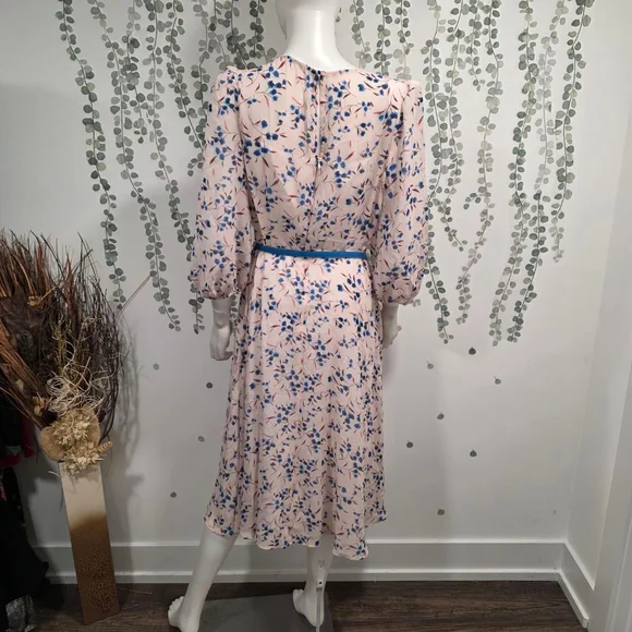 Harper Rose Womens Floral Midi Dress Size 12 Pink Blue Belt Puff Sleeve NWOT - Picture 7 of 12